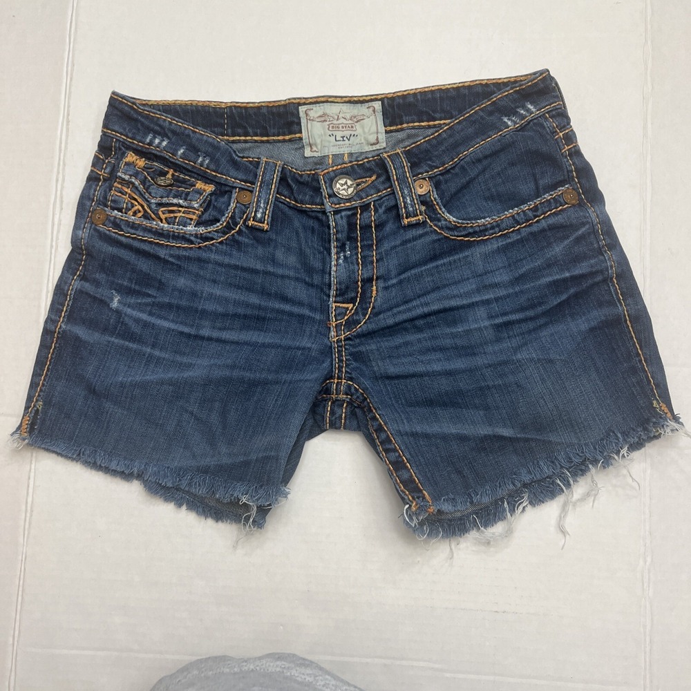 Big Star Denim‎ Cut-Off Shorts LIV Orange/Yellow Stitching Flap Pockets Size 29